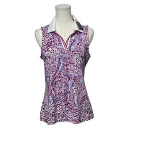 Tommy Bahama Polo Shirt Womens Medium Purple Floral‎ Sleeveless Golf UPF 50 Sun